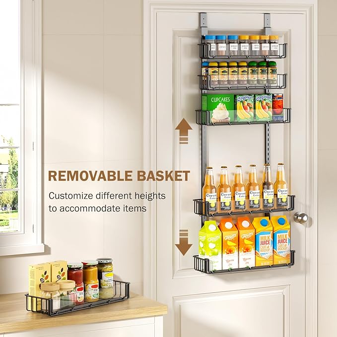 Delamu Adjustable Over the Door Pantry Organizer with Clear Acrylic Panel, 6-Tier Pantry Organization and Storage for Kitchen, Hanging Spice Rack Seasoning Shelves for Cabinet, Easy Install, Black-NeatNest