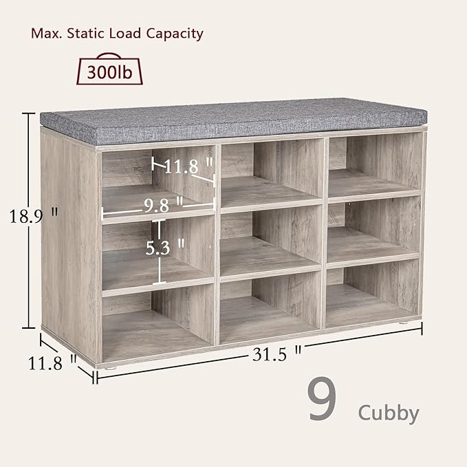 DINZI LVJ Shoe Bench, 9 Cubbies Shoe Organizer for Entryway, Storage Bench with Cushion, Cubby Shoe Rack with Adjustable Shelves for Living Room, Bedroom, Mudroom, Hallway, Greige-NeatNest