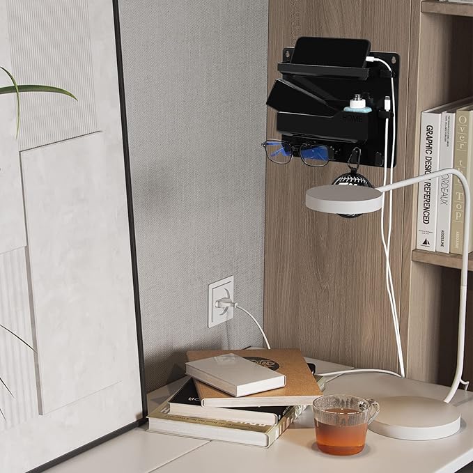 JUMEIHUI Wall Mount Shelf Organizer, Adhesive Bedside Shelf Accessories with Hooks and Cable Clips, Dorm Room Wall Storage for Phone, Remote, Earphone, Kindle, Plastic(Black)