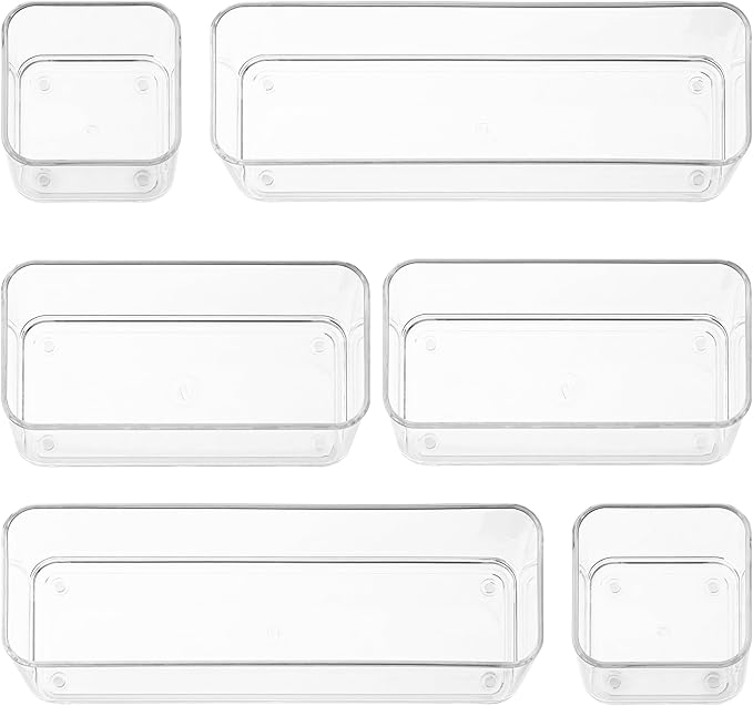 Six Pieces. Plastic Clear Drawer Organizers for Bathroom, Kitchen, Bedroom, Office. Organizer Bins, Storage Trays. Heavy Duty, Stackable, Non-Slip. 3 Sizes-NeatNest