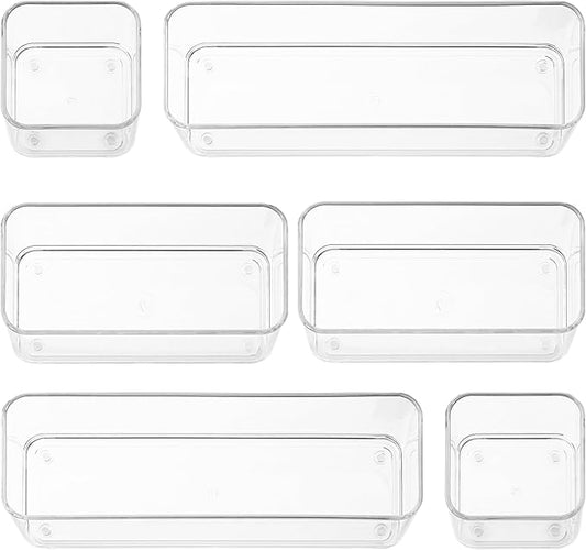 Six Pieces. Plastic Clear Drawer Organizers for Bathroom, Kitchen, Bedroom, Office. Organizer Bins, Storage Trays. Heavy Duty, Stackable, Non-Slip. 3 Sizes-NeatNest