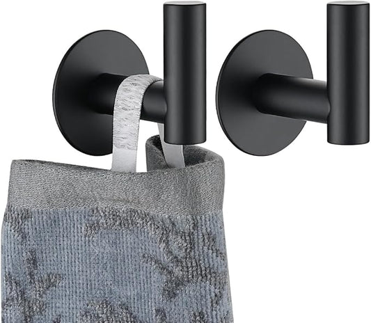 JQK Self Adhesive Towel Hook Black, No Drill Stick on Coat Robe Clothes Wall Hook for Bathroom Kitchen Garage 2 Pack, 304 Stainless Steel Matte Black, ATH110-PB-P2