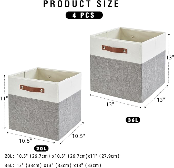 Collapsible Fabric Storage Cube Bins with 2 Reinforced PU Handles, Foldable Storage Organizer Baskets for Closet, Shelves, Living Room | 11"x11"x11", 4 Pack, Gray & White-NeatNest