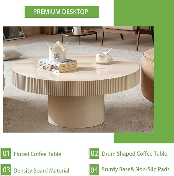 Handmade Round Grooved Drum-Shaped Coffee Table、Rustic Modern Circular Centerpiece for Living Room & Farmhouse Decor、Easy to Clean (A White 30.7in)