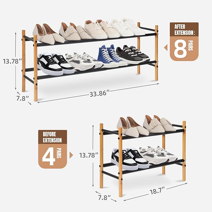 STORAGE MANIAC Expandable Shoe Rack, 8 Pairs Stackable Small Shoe Rack, Metal Adjustable Shoes Organizer for Closet, Entryway, Hallway, Garage, Front Door, Shoes Shelves, Bamboo 2 Tier-NeatNest