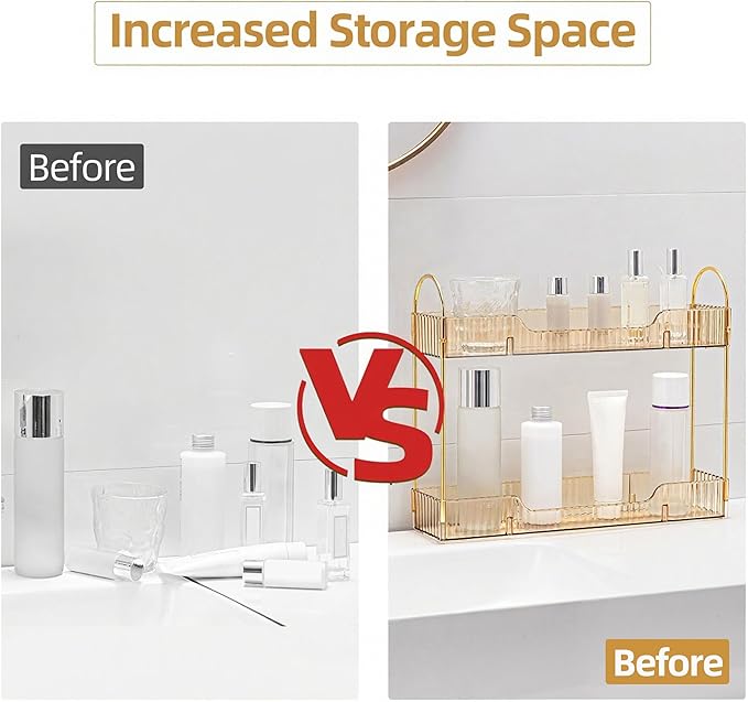 YCIA&DONE 2 Tiers Narrow Vanity Makeup Organizer, Bathroom Organizers Countertop Slim, Perfume Holder Skincare Storage Cosmetic Shelf Spice Rack, for Small Desktop Counter Space, Amber Gold-NeatNest