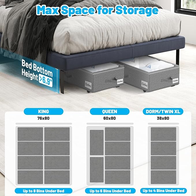 2 Pack Under Bed Storage with Wheels 6.7" Height, Rolling Storage Bins XL 50L, Underbed Shoe Storage Containers with Label & Clear Lid, Dorm Under bed Drawers for Clothes, Shoes, Quick Assembly, Grey-NeatNest