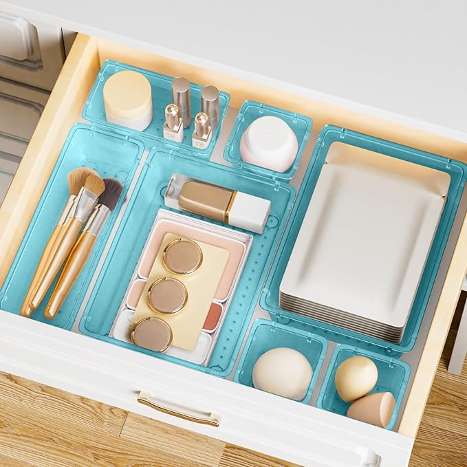 15 PCS Clear Plastic Drawer Organizer Set, 4-Size Acrylic Drawer Storage Trays, Storage Bins for Makeup, Gadgets, and Jewelry in Bathroom, Bedroom and Office, Clear Sea Blue-NeatNest