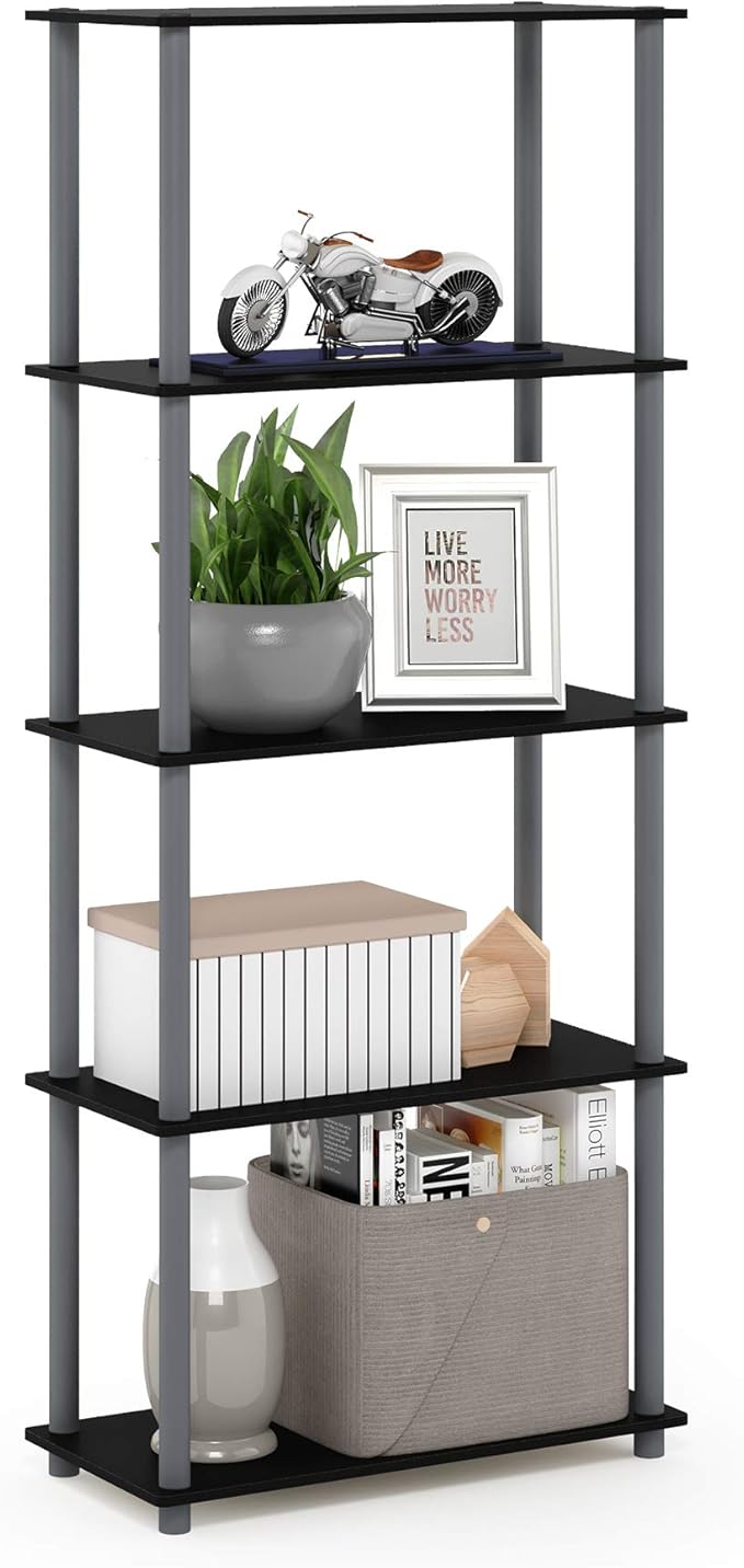 Furinno Turn-N-Tube 5-Tier Multipurpose Shelf / Display Rack / Storage Shelf / Bookshelf, Round Tubes, Black/Grey-NeatNest