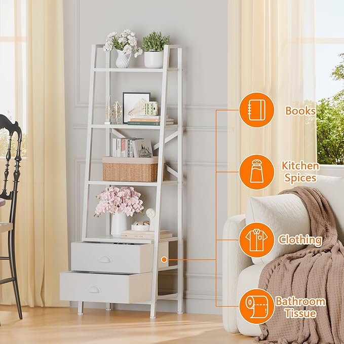 Furologee 4-Tier Ladder Shelf,Small Bookshelf with 2 Drawers,Vertical Bookcase Storage Rack Organizer,Rustic Bookshelves for Living Room,Bedroom,Bathroom,Home Office,Kitchen,White