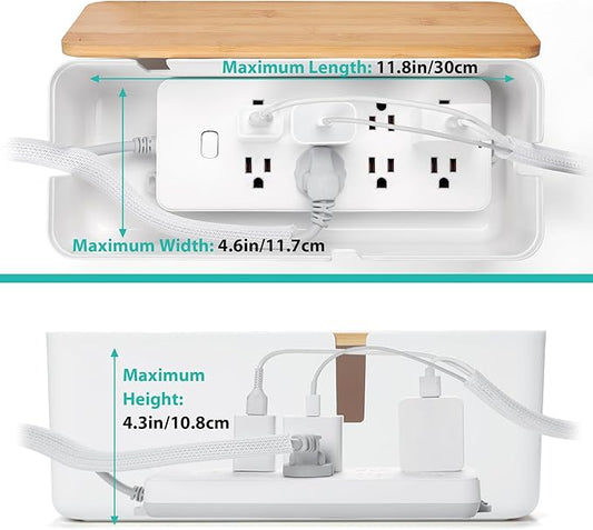 Cable Management Box with Bamboo Lid, White Cable Box Small Cord Hider Box Cord Organizer Box to Conceal Surge Protector, Desk/TV/Computer Wires, Power Strip Box Cord Management Box for Tidy Space-NeatNest