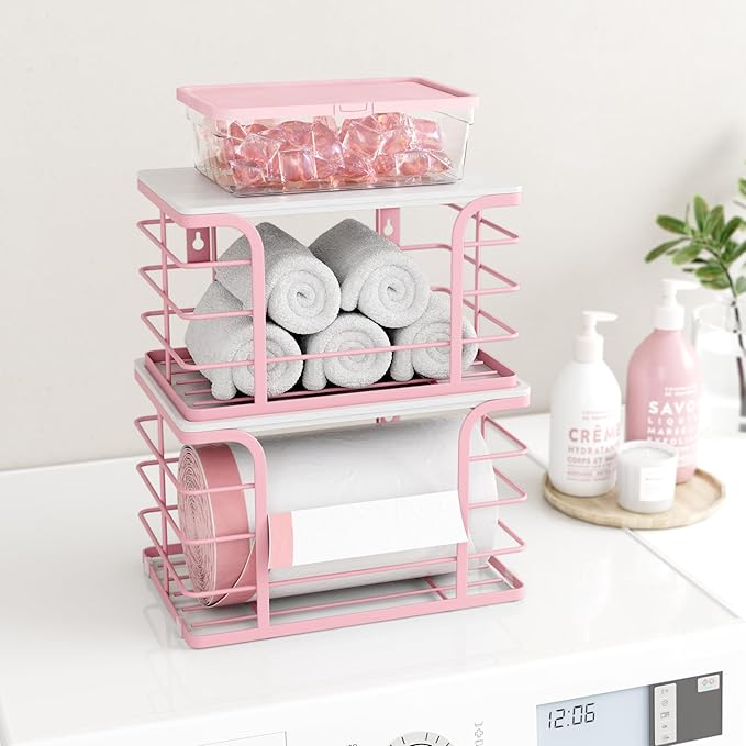 2 Pack Extra Large Stackable Pantry Storage with Bamboo Top,Wall Mount Trash Bag Dispenser Roll Holder for Kitchen Pantry Laundry Room,Pink-NeatNest