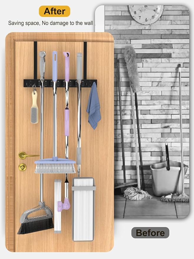 Broom Holder Door Mount, Over the Door Broom and Mop Holder, Drilling-Free Wood Mop Holder with 2 over Door Hooks, 4 Slots & 4 Hooks Rusticfor Garage, Closet, Laundry (Black*2)-NeatNest