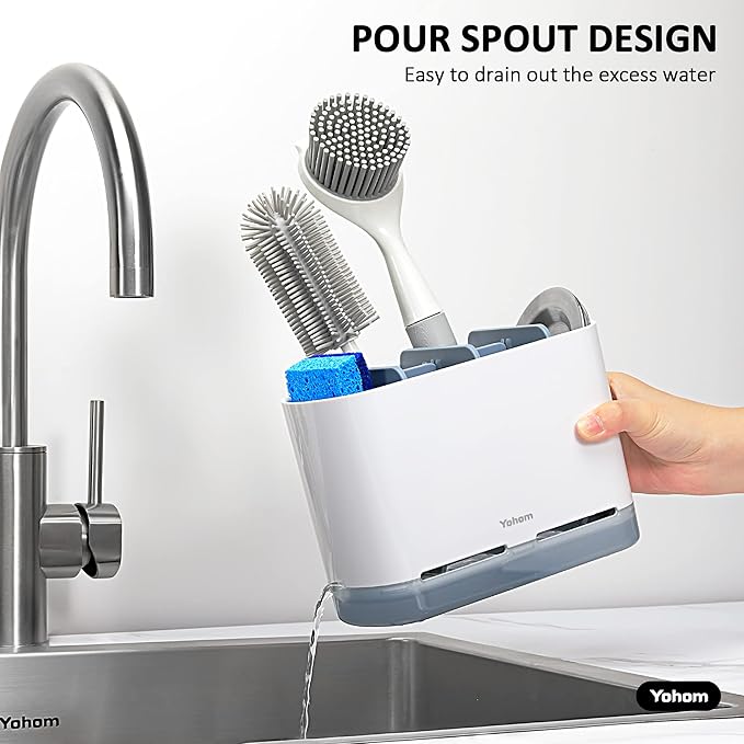 YOHOM Kitchen Scrub Brush Holder for Sink Sponge Caddy Countertop Organizer Plastic Dish Brush Sponge Holder with Drain Tray-NeatNest