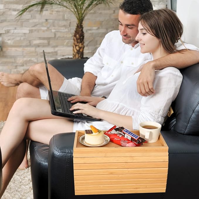 GEHE Bamboo Sofa Arm Tray, Foldable Couch Arm Tray Side Table, Anti-Falling Armrest Tables Cup Holder for Snacks, Drinks, Beers, Phone, Control, Flexible and Portable, Anti-Slip Bottom-NeatNest