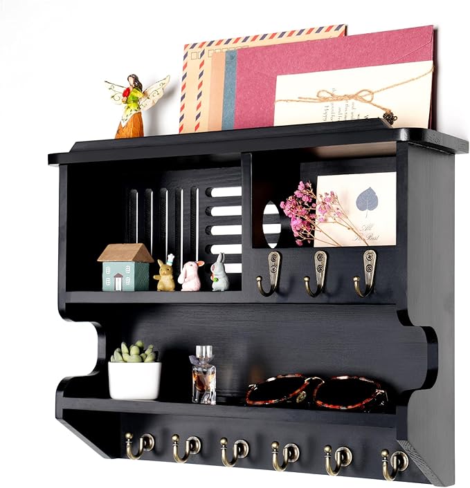 Key Holder for Wall, Mail and Key Holder for Home Decor, Key and Mail Holder for Wall with Key Hooks, Black