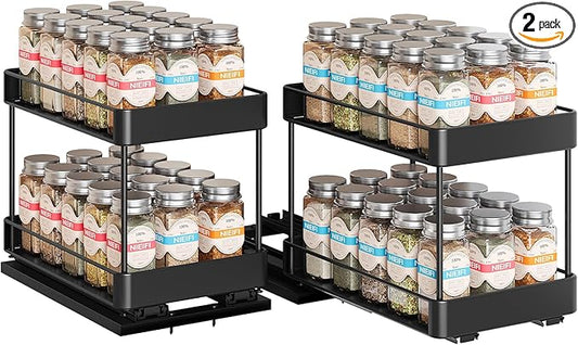 Nieifi Spice Rack Organizer for Cabinet, Vertical Spice Rack Pull Out, Easy to Install, Metal, 6.5''Wx10.35''Dx8.4''H, 2 Pack, 2 Tiers(Black)
