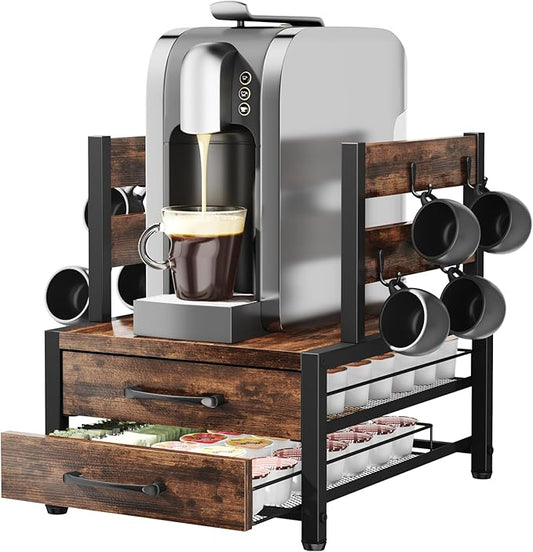 K Cup Holder Drawer - K Cup Storage Organizer, Coffee Pod Drawer with Hooks, Durable Iron-Wood Design, Space-Saving Coffee Station Organizer for Kitchen Counter-NeatNest