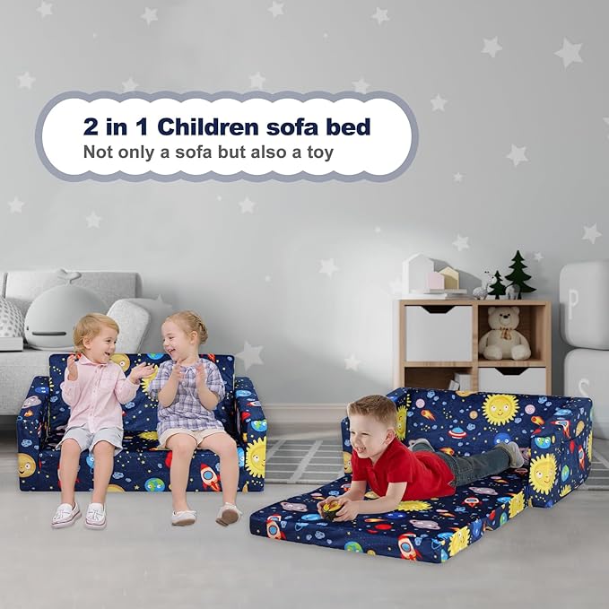 Foam Kid Sofa Couch, 2 in 1 Convertible Sofa to Bed for Baby,Velvet Toddler Sofa Chair with Side Pocket for Kid Playing (W29.92) (Blue)-NeatNest