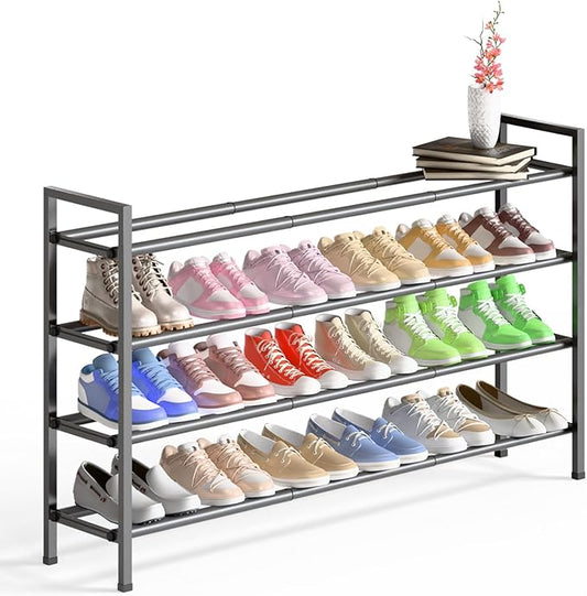 Bumusty 4-Tier Long Expandable Shoe Rack for Closet, 18"-44" Adjustable Shoe Rack for Small Space, Small Shoe Organizer for Front Door, Sturdy Metal, Grey-NeatNest