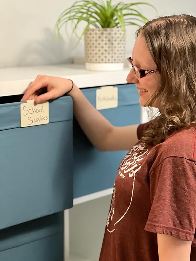 Hygge & Sage: Metal Non-Slip Basket Labels Clip On for Storage Bins, or Wire Racks | Includes 8 Labels, 8 Non-Slip Pads, and 1 Free Marker (Cream)