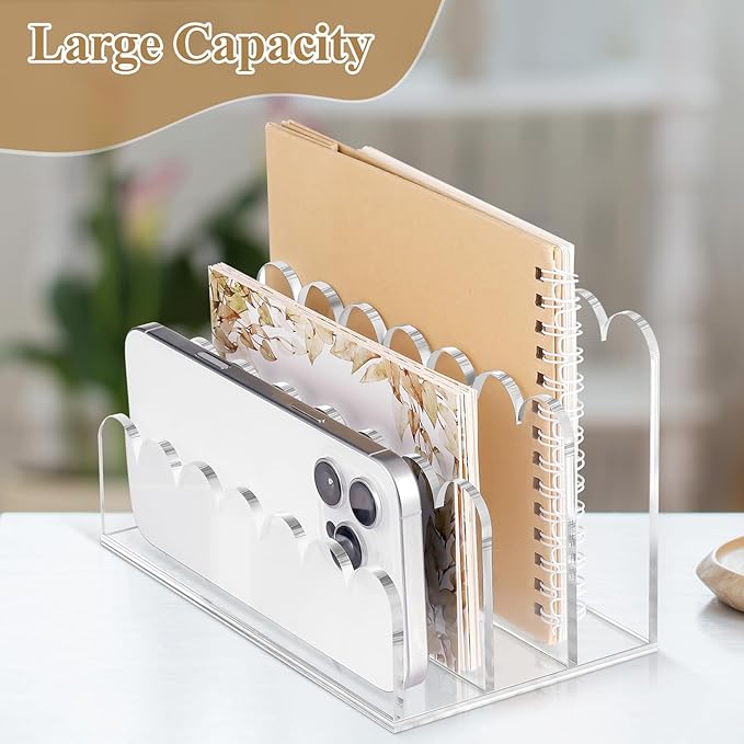 Acrylic Scalloped Mail Holder Organizer Sorter for Desk Clear Print Script Letter Holder Countertop 3 Upright Compartments Laddered Envelope Stand for Office Home School