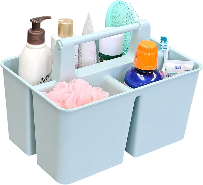 Shower Caddy Organizer with Handle, 3 Compartments, Portable Storage Bin for Bathroom, Dorm, Gym -Made In USA (Mint)