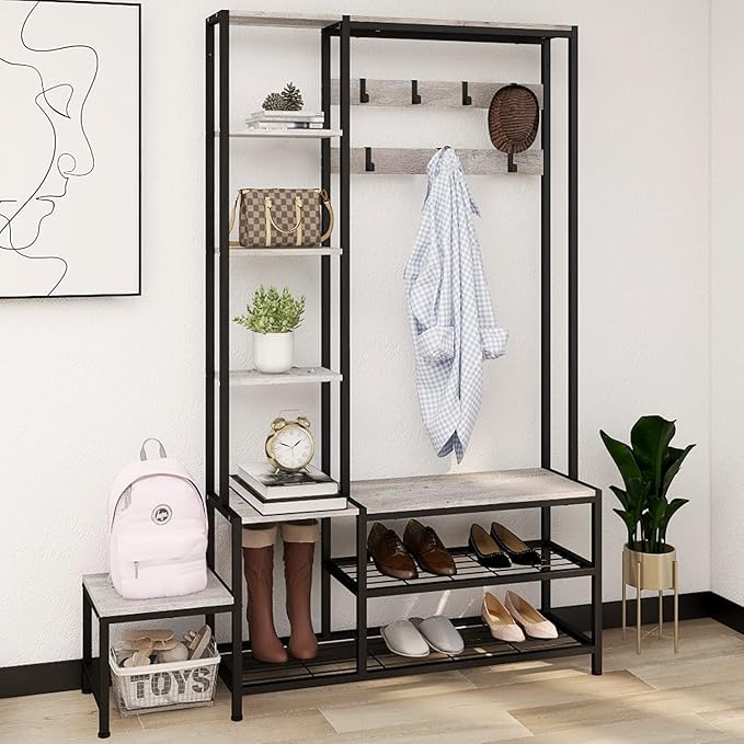 Hall Tree with Shoe Storage Bench Coat Rack with 7 Hooks Interchangeable 4 Tier Side Storage Shelves Small Cute Side Bench Industrial 5-in-1 Entryway Coat Rack for Hallway Mudroom Bedroom
