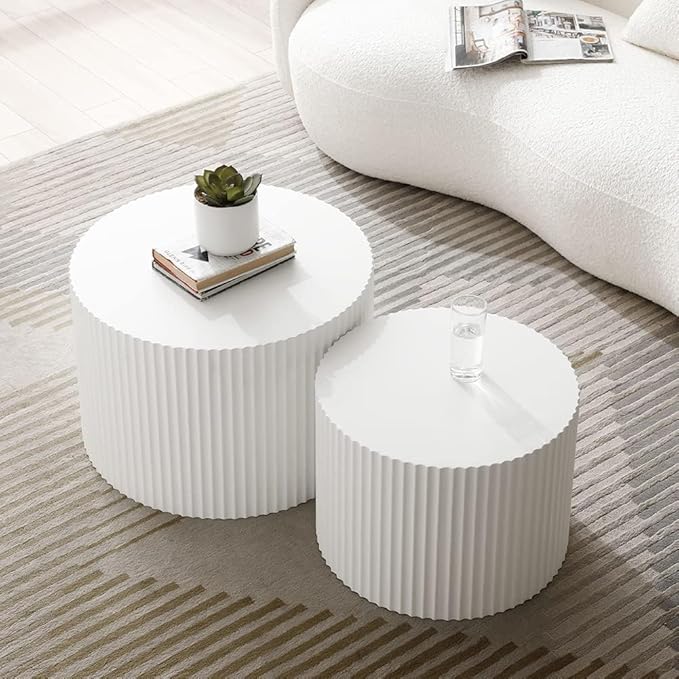 Nesting Coffee Table Set of 2, Modern Wooden Round Coffee Tables for Living Room, Circle Accent End Table Center Table for Small Spaces Bedroom Balcony Office, No Assembly Required, White