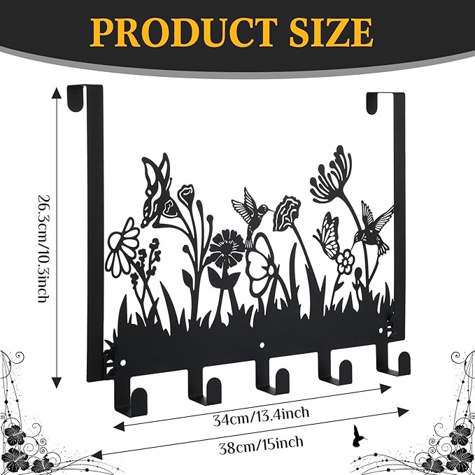 Geelin Metal Hummingbird Flower Over The Door Hooks Wildflowers Over The Door Nature Wall Decor with 5 Hooks Towel Holder for Bathroom Bedroom Kitchen Living Room Home Decor Gift-NeatNest