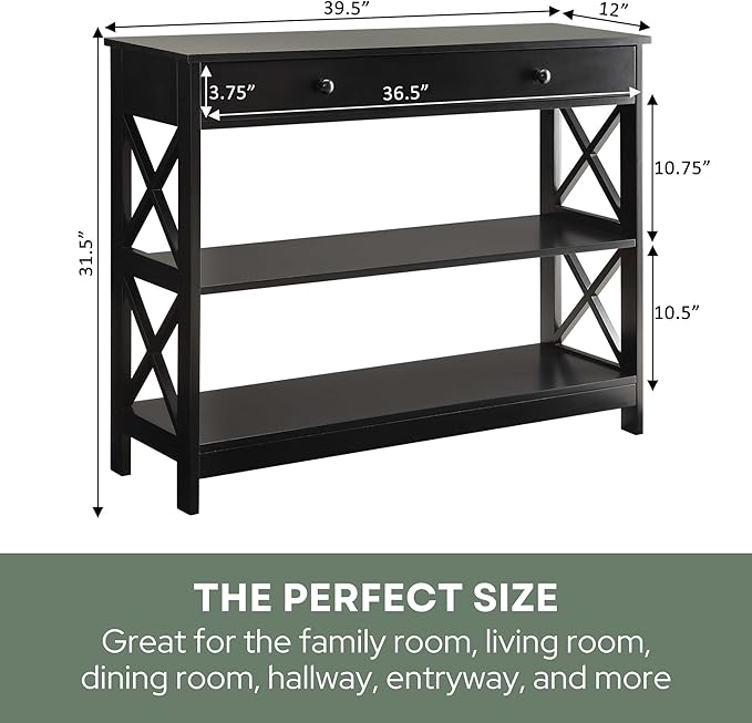 Convenience Concepts Oxford 1-Drawer Console Table 39.5" - Farmhouse Sofa Display with Storage Shelf For Living, Family, & Dining Room, Modern Entryway Hall Table for Kitchen, Bedroom, Black-NeatNest