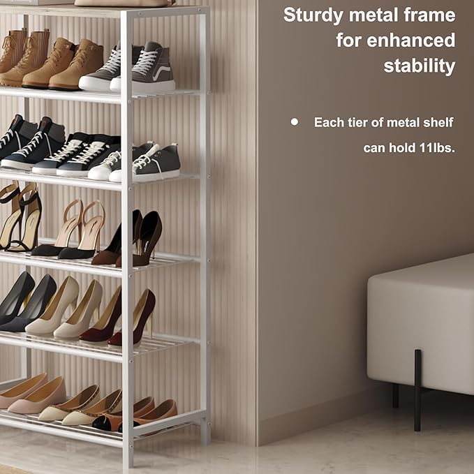 HOMEFORT Shoe Rack 6-Tier, Shoe Storage Shelf, Industrial Shoe Tower, Narrow Shoe Organizer for Closet Entryway, Small Shoe Rack Table with Durable Metal Shelves,White Oak-NeatNest
