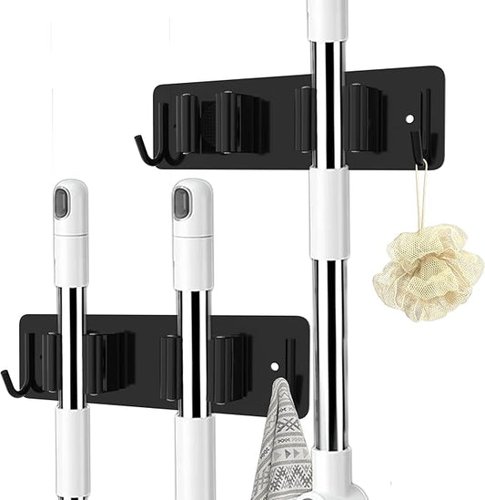 Broom and Mop Holder Wall Mounted, Heavy-Duty Stainless Steel Storage Rack with 2 Racks & 2 Hooks,Broom Organizer for Kitchen,Bathroom,Garage,Garden（BLACK