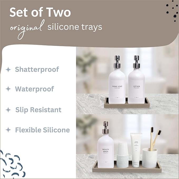 Countertop and Vanity Tray - 2 PC (11” and 7”) Shatterproof Silicone Kitchen and Bathroom Trays for Counter, Kitchen Soap Dispenser Tray, Vanity Trays for Bathroom, Perfume Key Tray-NeatNest