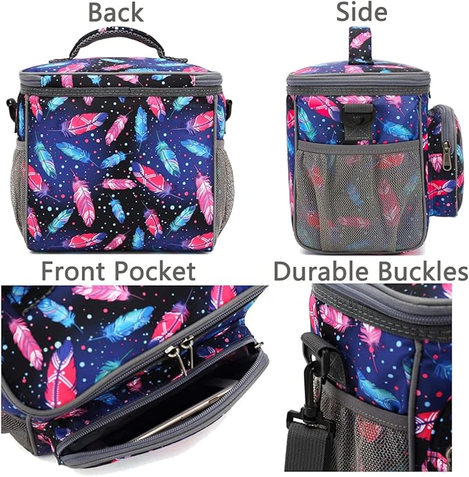 FlowFly Insulated Reusable Lunch Bag Adult Large Lunch Box for Women and Men with Adjustable Shoulder Strap,Front Zipper Pocket and Dual Large Mesh Side Pockets,Feather-NeatNest
