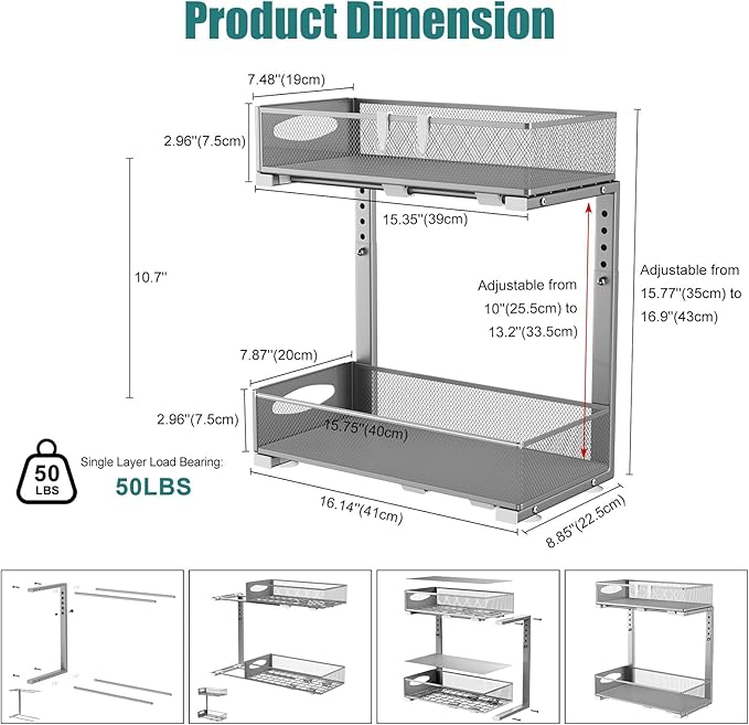 1 Pack Under Sink Organizer, 2 Tier Metal Pull Out Under Sink Storage with Sliding Mesh Drawers, Height Adjustable Slide Out Under Sink Organizer for Kitchen Bathroom Cabinet, Gray-NeatNest
