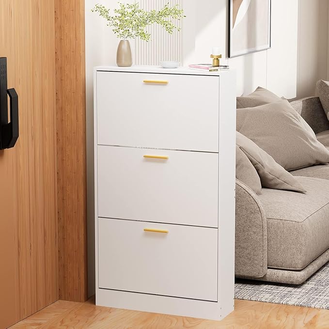 JOZZBY Shoe Cabinet Storage with 3 Flip Drawers for Entryway, White Slim Freestanding Modern Narrow Shoe Organizer Rack Cabinet for Hallway, Living Room-NeatNest