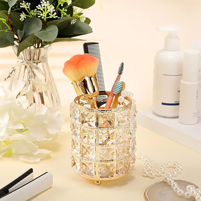 AKOAK 1 Pack Crystal Makeup Brush Holder Office Supplies Storage Rack Eyebrow Pencil/Lipstick/Pencil Makeup Container, Dressing Table, Bedroom, Office (Gold)-NeatNest