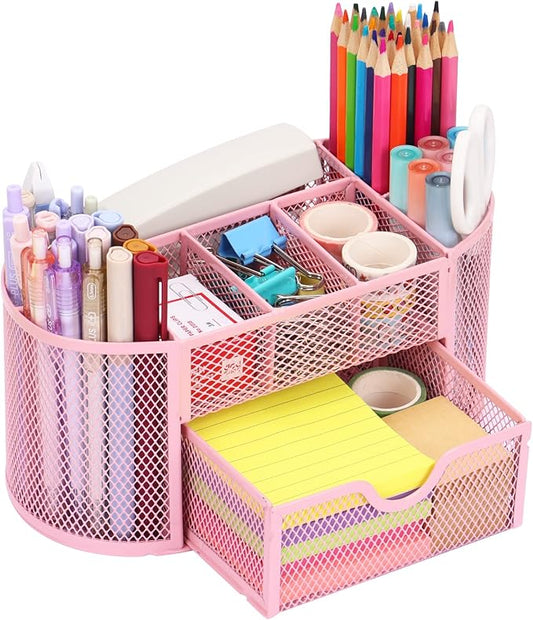 EOOUT Pink Desk Organizer, Pen Holder for Desk and Accessories, Mesh Desk Organizer with 8 Compartments and 1 Drawer for Office Home School Classroom-NeatNest