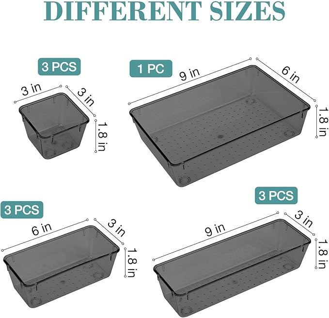 10 PCS Drawer Organizer Set, 4 Varied Size Bathroom and kitchen Drawer cabinet organizer Trays, Clear Storage Bins for Makeup, Jewelry, Utensils and Gadgets, Black-NeatNest