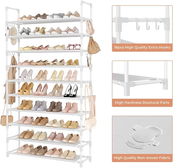 Tall Shoe Rack 10 Tier Shoe Organizer Large Shoe Shelf with 18 Hooks Storage for 50 Pair Sneaker and Boot, Stackable Vertical Shoe Rack Organizer for Closet, Entryway, Bedroom, White-NeatNest