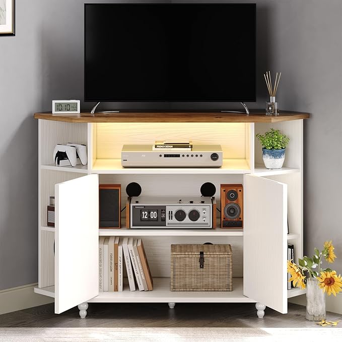 4 EVER WINNER Corner TV Stand for 50 Inch TV, Corner Entertainment Center with LED Lights and Adjustable Shelves, Farmhouse Corner TV Cabinet with Barn Doors for Living Room, White-NeatNest