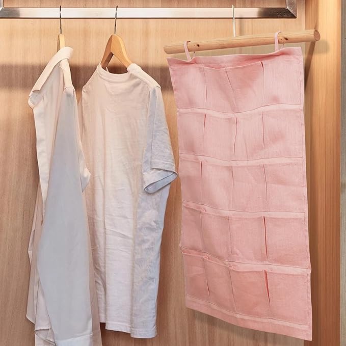 100% Linen Hanging Storage Bag with 20 Pockets, Wall Hang Over The Door Closet Organizer for Socks Underpants, Pink