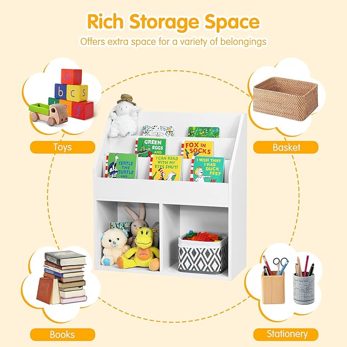 Costzon Kids Bookshelf, Wooden Toy Storage Cabinet Organizer w/Shelves, 2 Large Cubes & Anti-Tipping Devices, Children Bookcase Display Sling Book Rack for Kids Room, Nursery, Kindergarten (White)-NeatNest