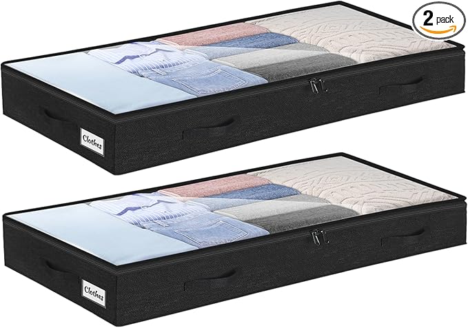 4 Inch Low Profile Under Bed Storage Drawer 2 Pack, Lightweight Underbed Clothes Storage Container Bins with NO STURCTURE, Shallow Storage Bag for Dorm & Home, With Clear Lids and Waterproof Fabric-NeatNest