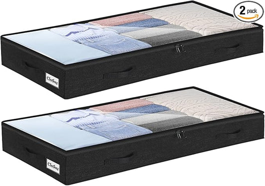 4 Inch Low Profile Under Bed Storage Drawer 2 Pack, Lightweight Underbed Clothes Storage Container Bins with NO STURCTURE, Shallow Storage Bag for Dorm & Home, With Clear Lids and Waterproof Fabric-NeatNest