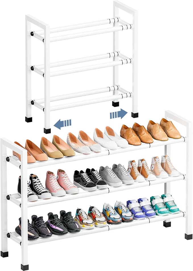 Mavivegue 3-Tier 19"-43.3" Adjustable Shoe Rack for Closet,Expandable Shoe Rack, Hall Entryway,Front Door,Garage, Sturdy Steel Space-Saving Rack, White-NeatNest
