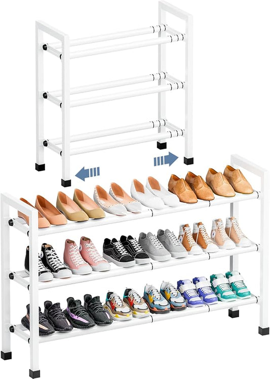 Mavivegue 3-Tier 19"-43.3" Adjustable Shoe Rack for Closet,Expandable Shoe Rack, Hall Entryway,Front Door,Garage, Sturdy Steel Space-Saving Rack, White-NeatNest