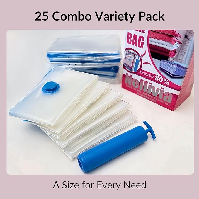 25 Pack Vacuum Storage Bags with Pump, Compression Space Saver for Comforter, Bedding, Blanket Storage, Vacuum Seal Bags for Clothing, Luggage and Closet Organizer-NeatNest