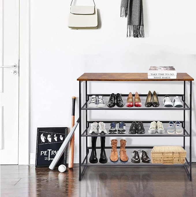Garden 4 you 4-Tiers Shoe Storage Freestanding Organizer Modern 25.2 in Tilting Adjustable Shoe Rack for High Heels, Entryways, Hallways, Closets, Dormitory Rooms, Industrial, Brown-NeatNest